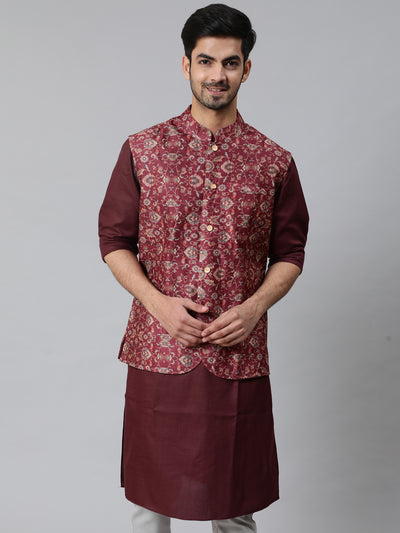 Burgundy Kurta With Printed Nehru Jacket