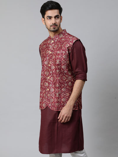 Burgundy Kurta With Printed Nehru Jacket