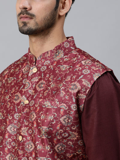 Burgundy Kurta With Printed Nehru Jacket