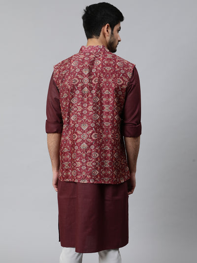 Burgundy Kurta With Printed Nehru Jacket