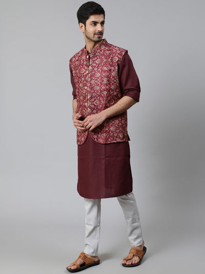 Burgundy Kurta With Printed Nehru Jacket