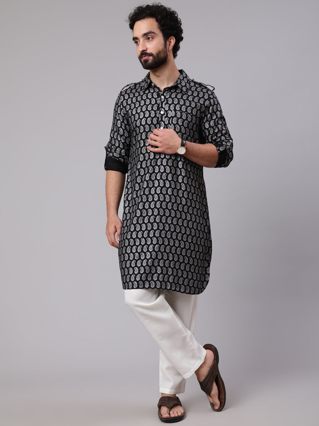 Black Paisley Print Pathani Kurta