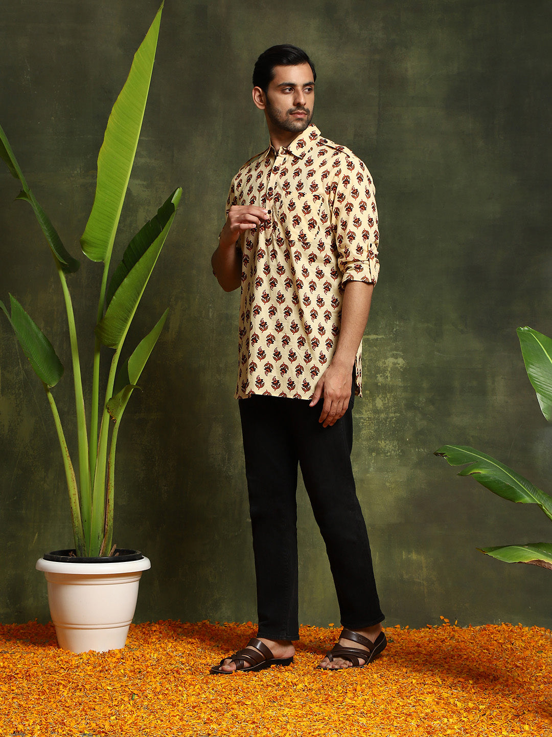 Cream Floral Print Kurta