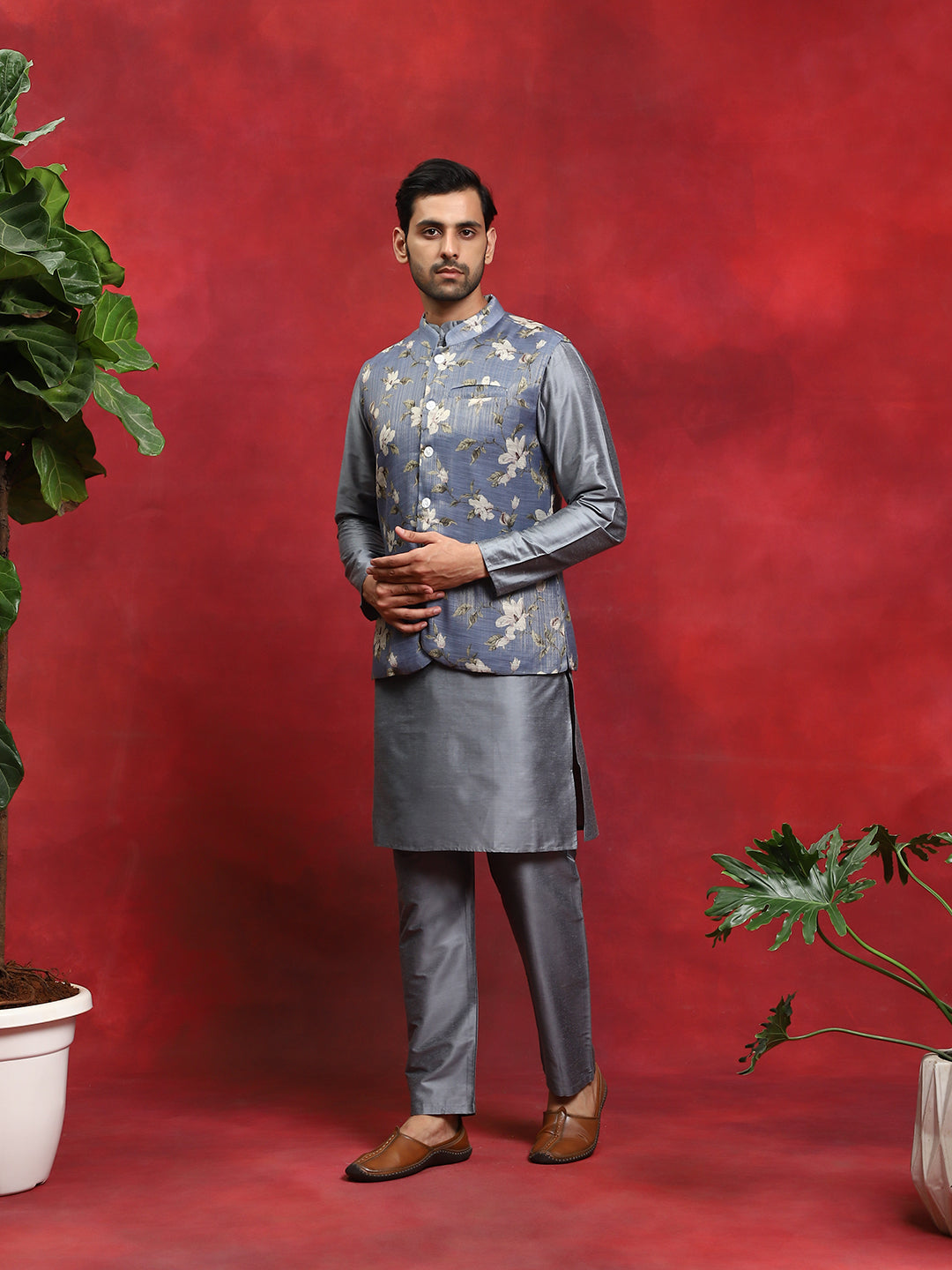 Grey Kurta Pyjama With Floral Print Nehru Jacket