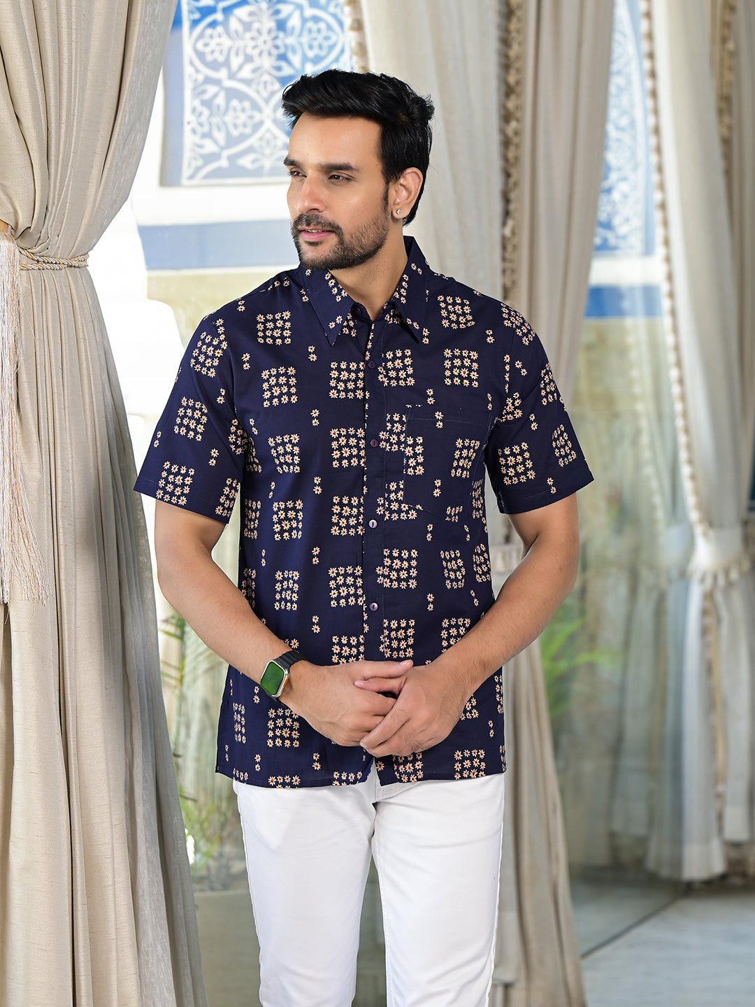 Navy Blue Floral Print Shirt
