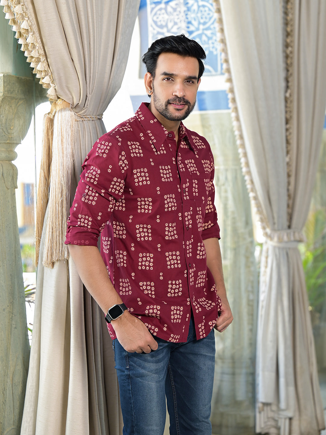 Maroon Foral Geometric Print shirt