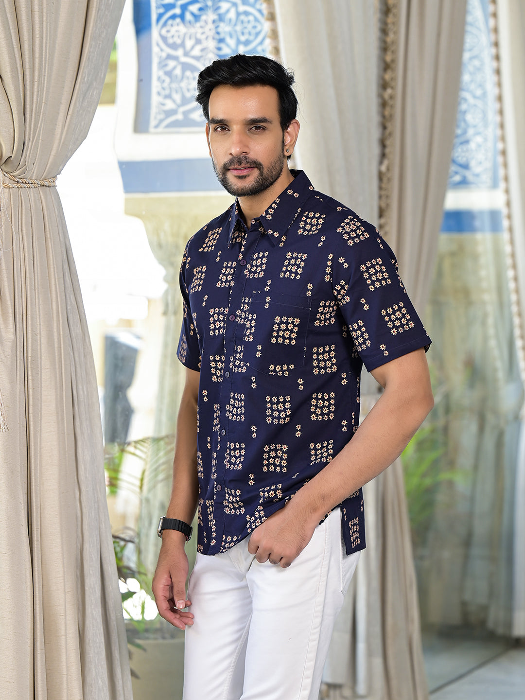 Navy Blue Floral Print Shirt