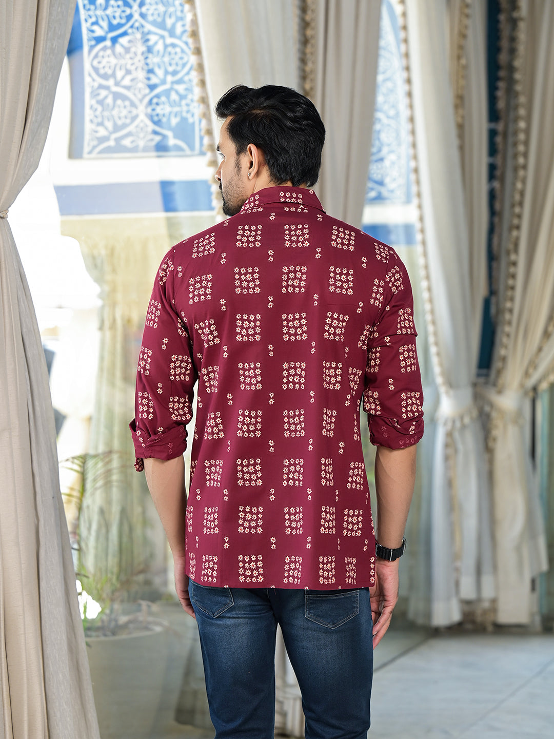 Maroon Foral Geometric Print shirt