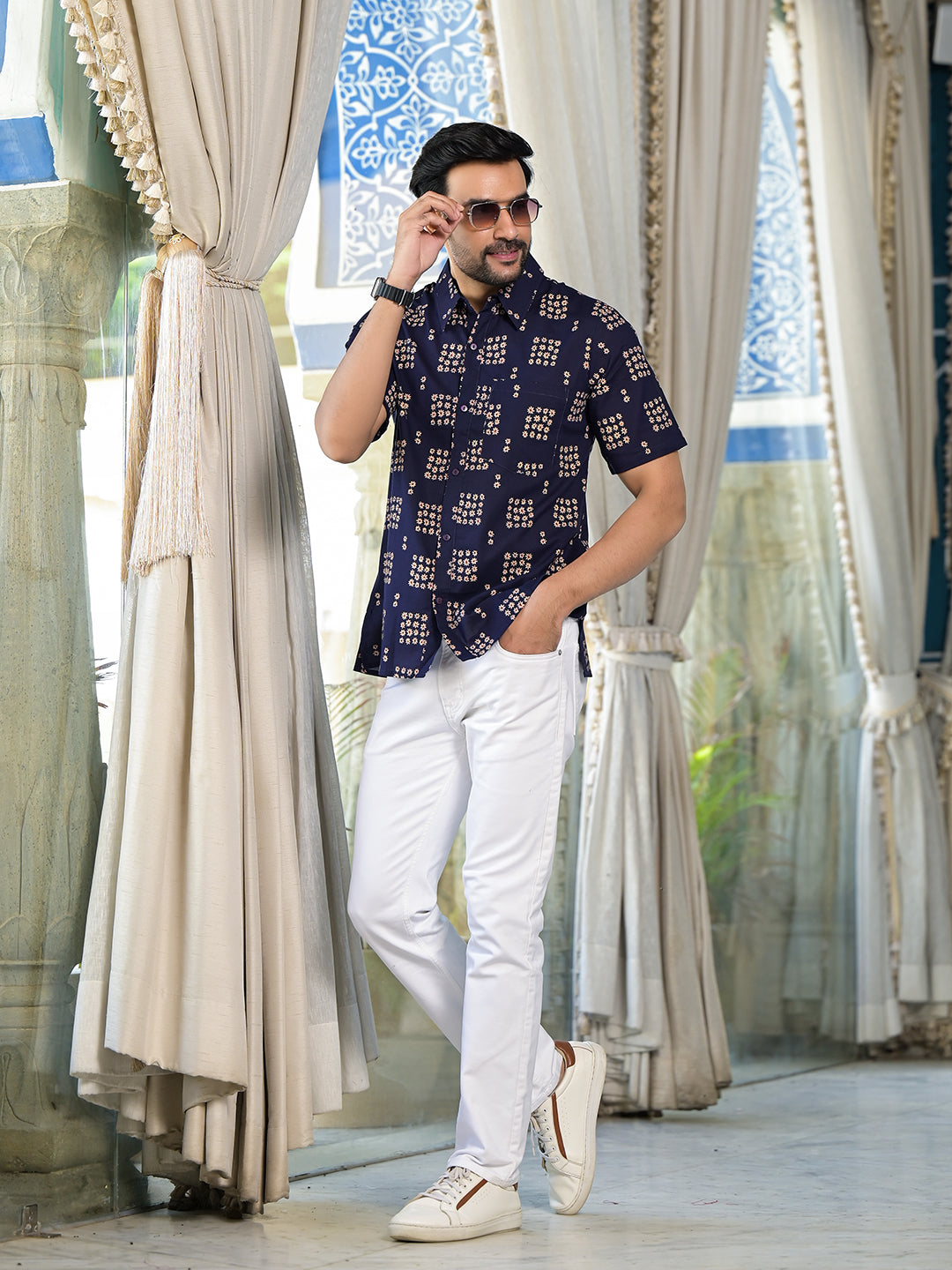 Navy Blue Floral Print Shirt