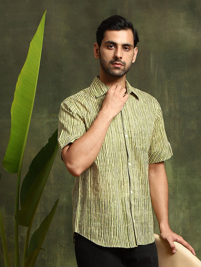 Green Striped Shirt With Roll-Up Sleeve