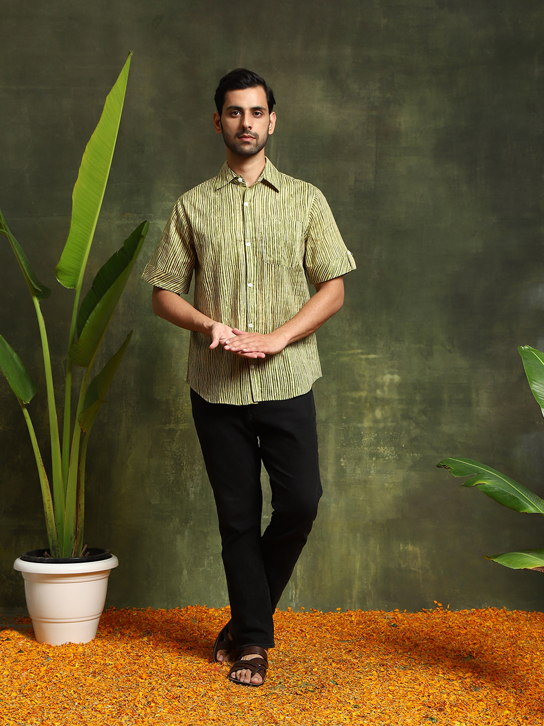 Green Striped Shirt With Roll-Up Sleeve