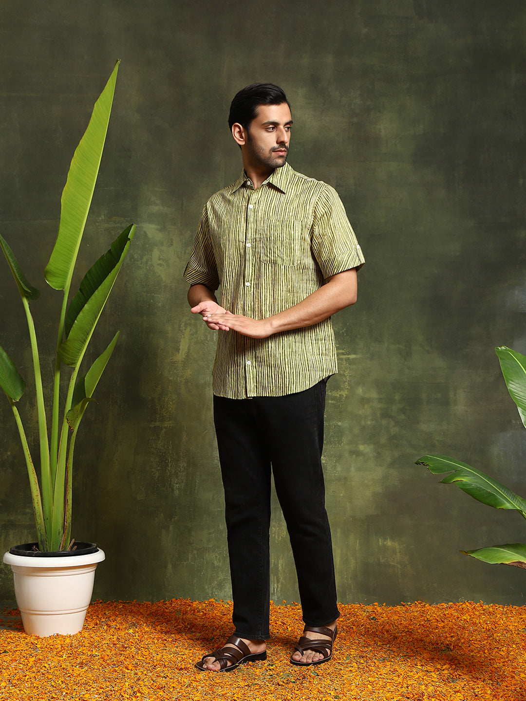 Green Striped Shirt With Roll-Up Sleeve