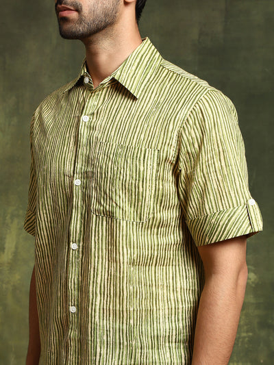 Green Striped Shirt With Roll-Up Sleeve