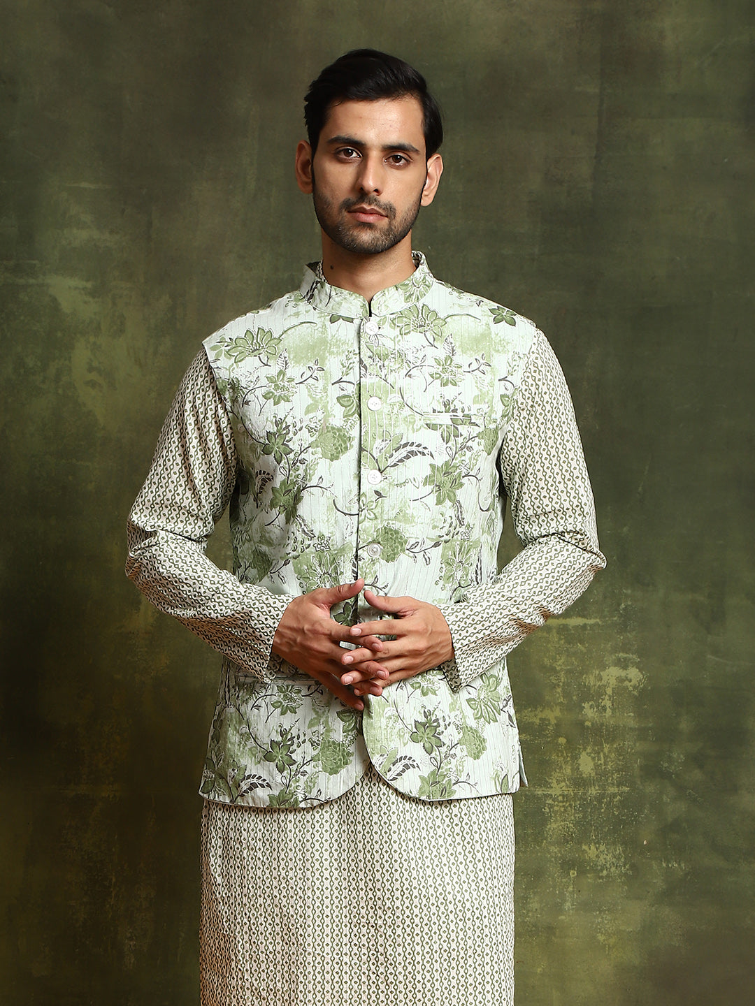 Pastel Green Floral Print Kurta With Nehru Jacket