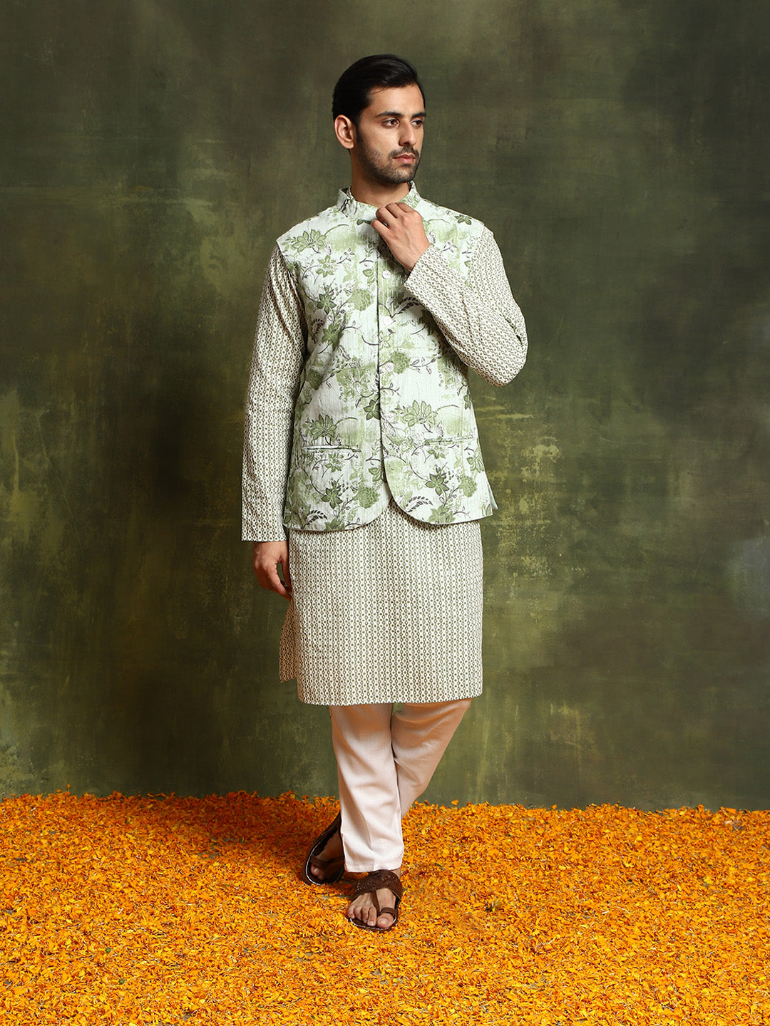 Pastel Green Floral Print Kurta With Nehru Jacket