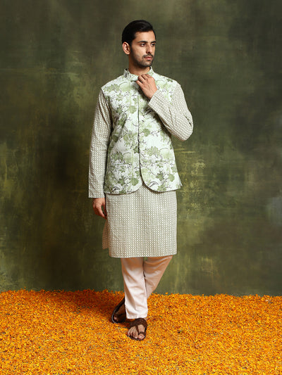 Pastel Green Floral Print Kurta With Nehru Jacket