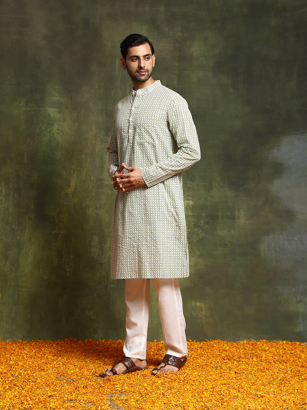 Pastel Green Floral Print Kurta With Nehru Jacket