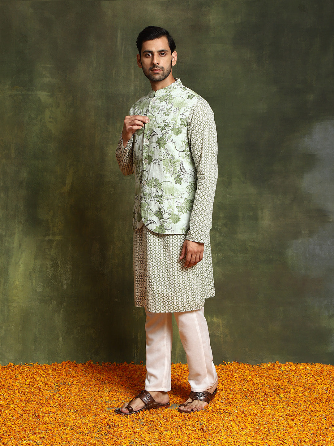 Pastel Green Floral Print Kurta With Nehru Jacket