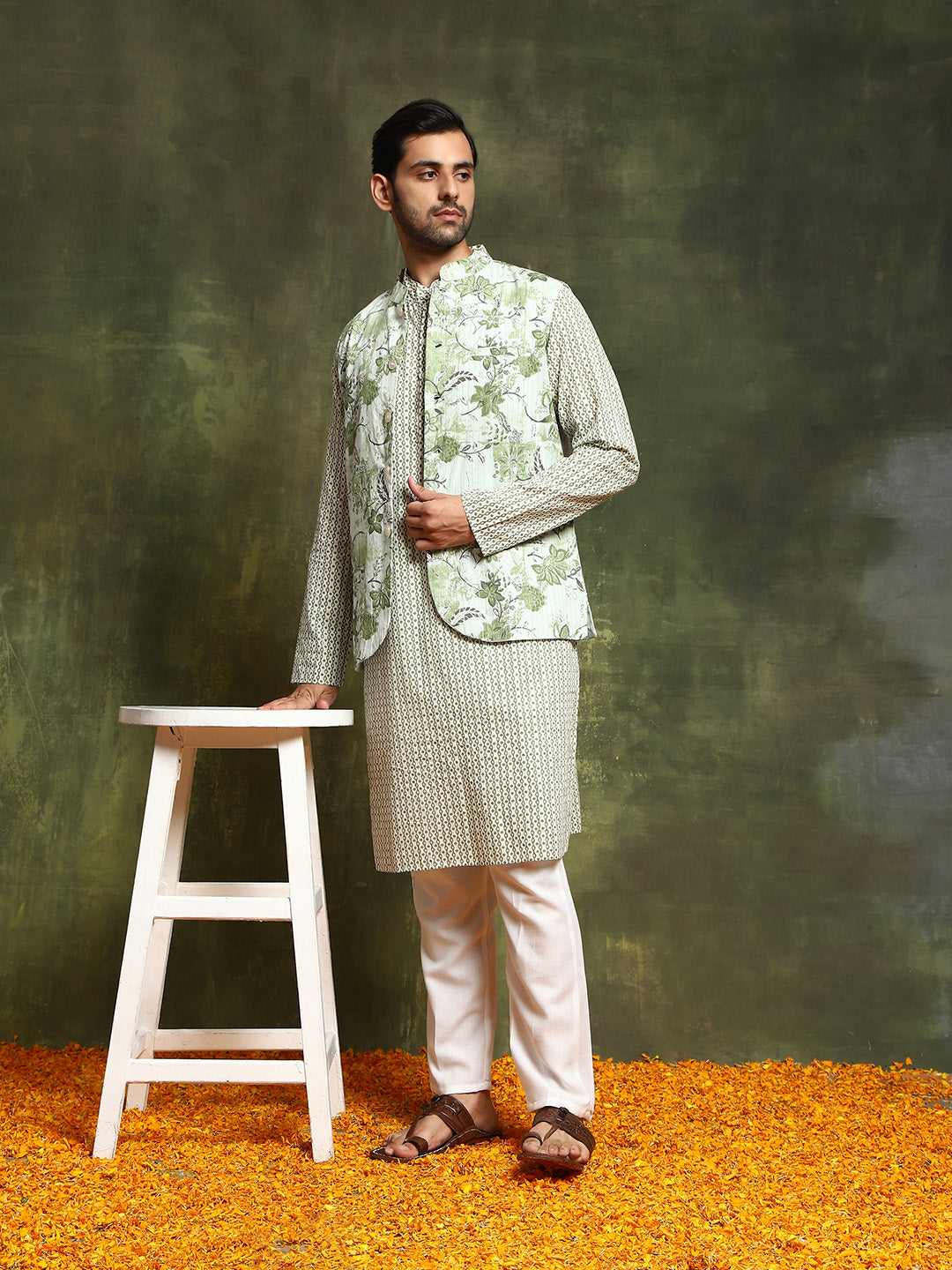 Pastel Green Floral Print Kurta With Nehru Jacket