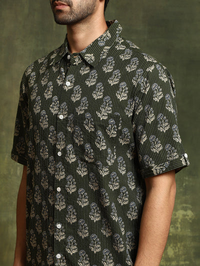 Olive Printed Kantha Work Shirt