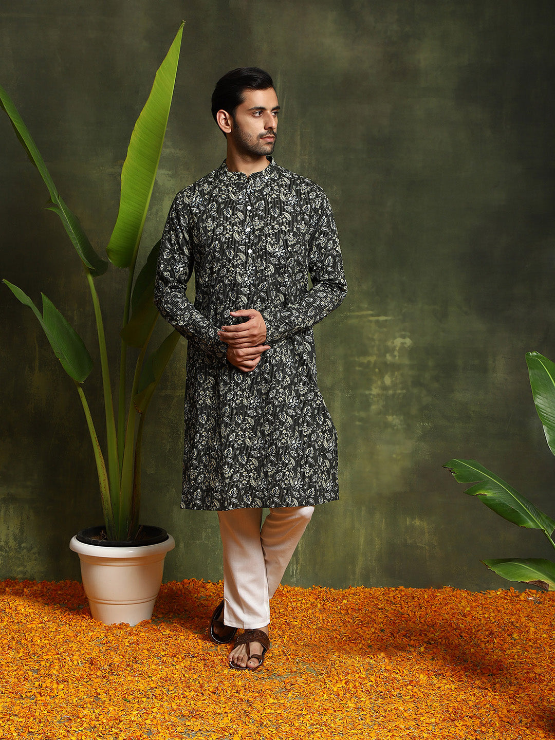 Olive Printed Kantha Work Kurta