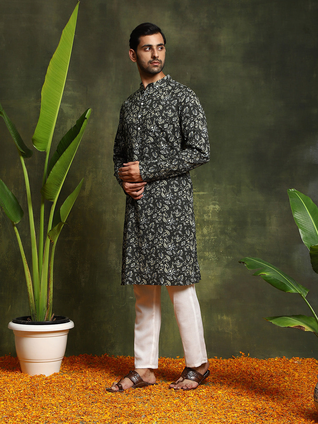 Olive Printed Kantha Work Kurta