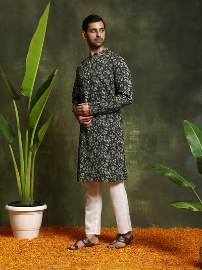 Olive Printed Kantha Work Kurta