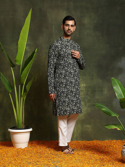 Olive Printed Kantha Work Kurta