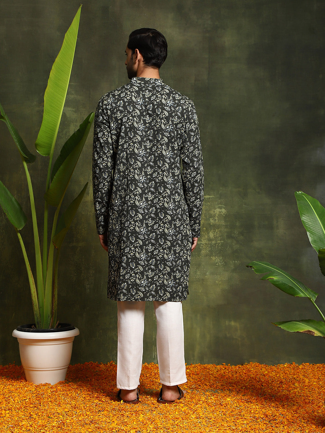 Olive Printed Kantha Work Kurta