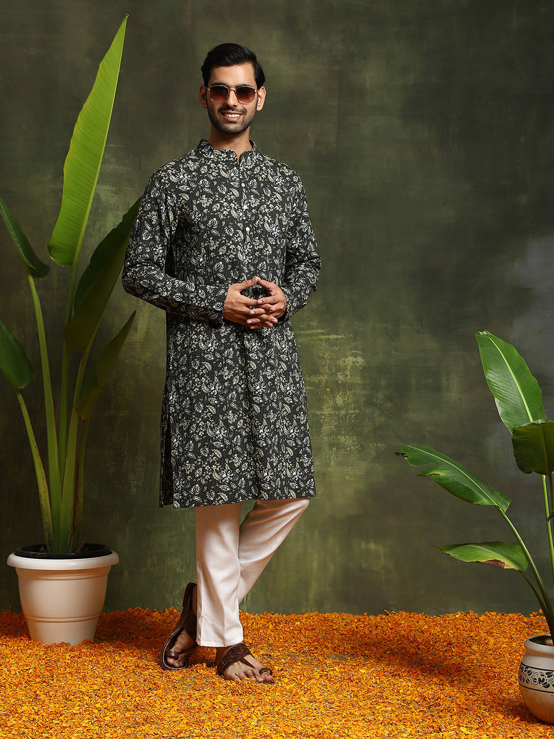 Olive Printed Kantha Work Kurta