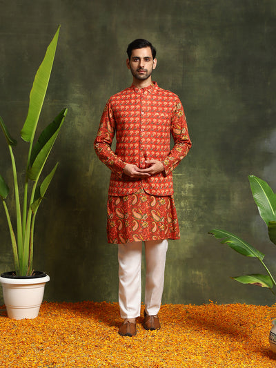 Red Printed Kurta With Nehru Jacket