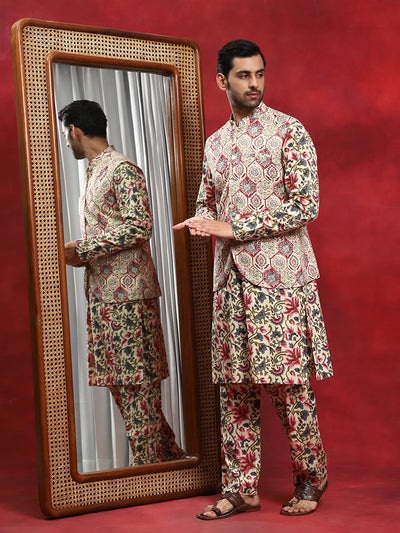 Cream Floral Print Kurta Pyjama With Nehru Jacket