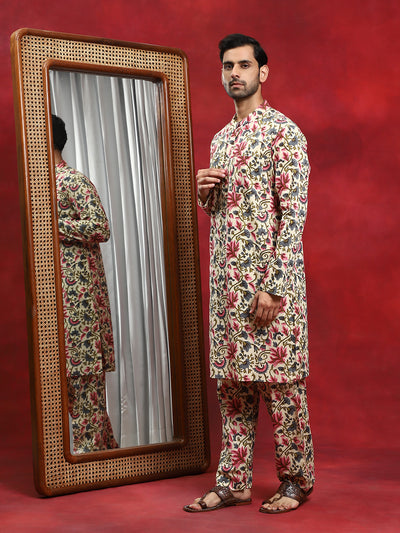 Cream Floral Print Kurta Pyjama With Nehru Jacket