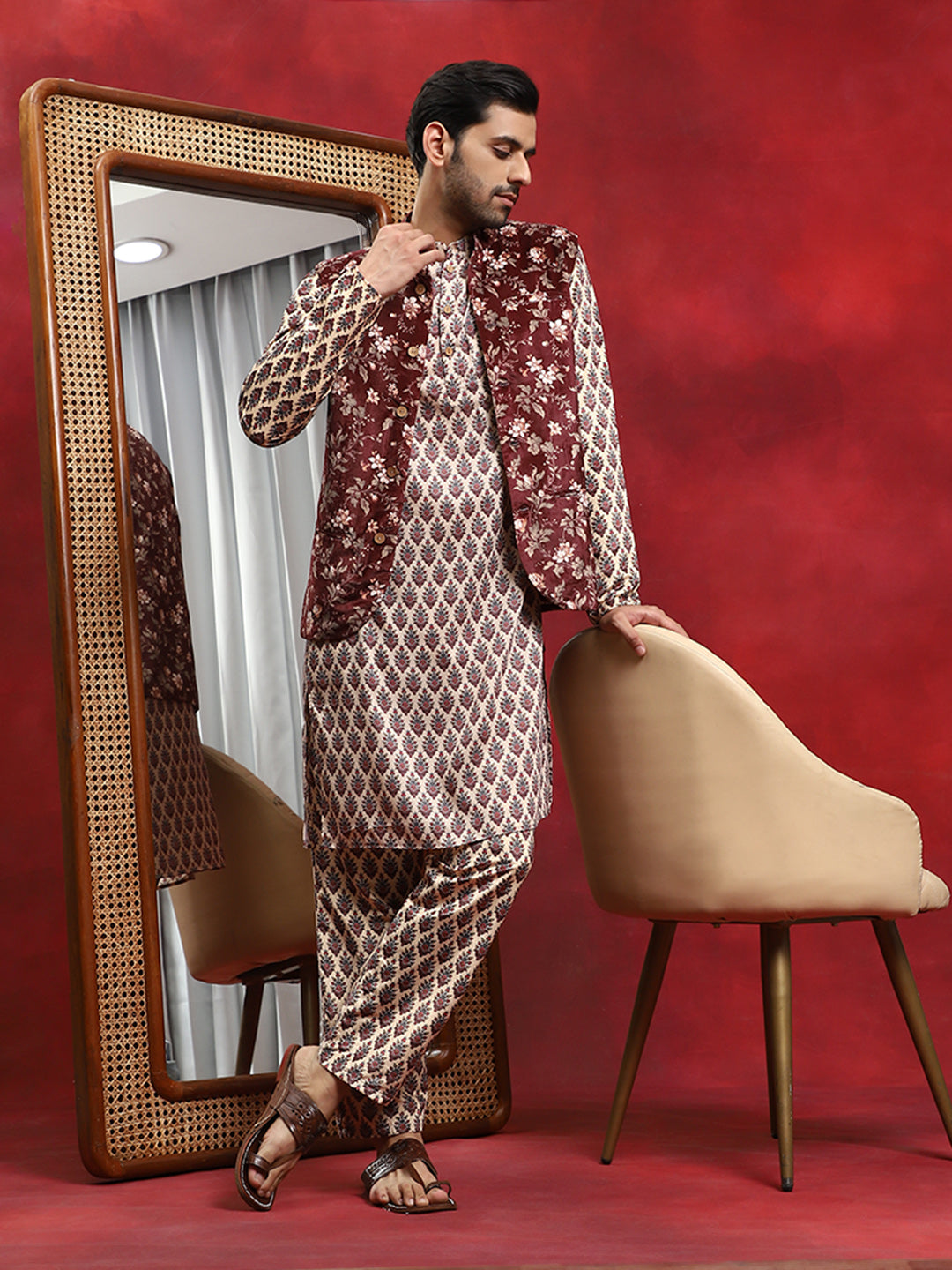 Brown Floral Print Kurta Pyjama With Nehru Jacket