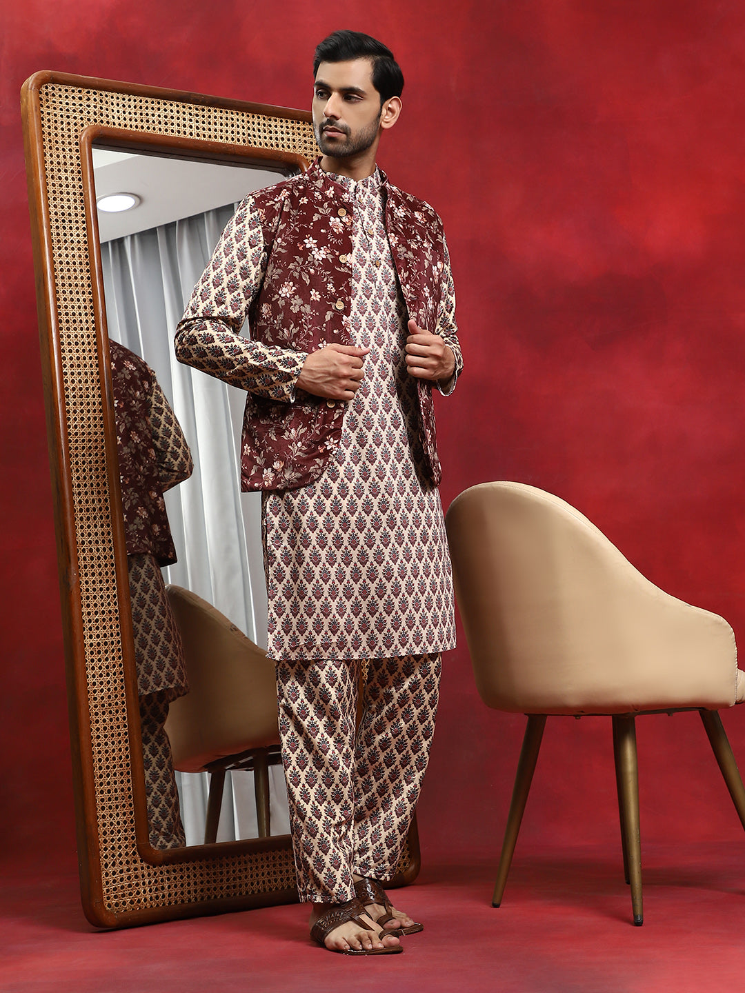 Brown Floral Print Kurta Pyjama With Nehru Jacket