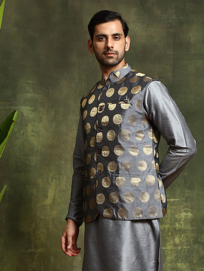 Grey Kurta Pyjama With Brocade Nehru Jacket