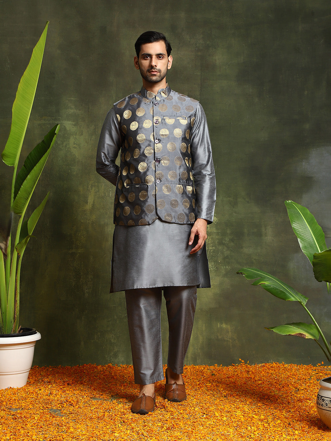 Grey Kurta Pyjama With Brocade Nehru Jacket