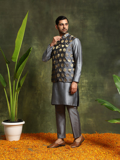 Grey Kurta Pyjama With Brocade Nehru Jacket