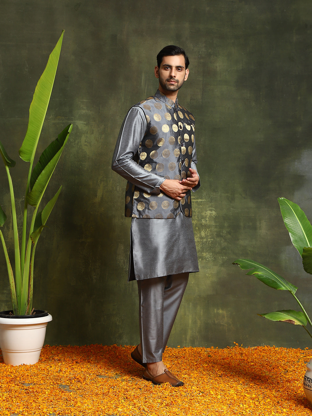 Grey Kurta Pyjama With Brocade Nehru Jacket