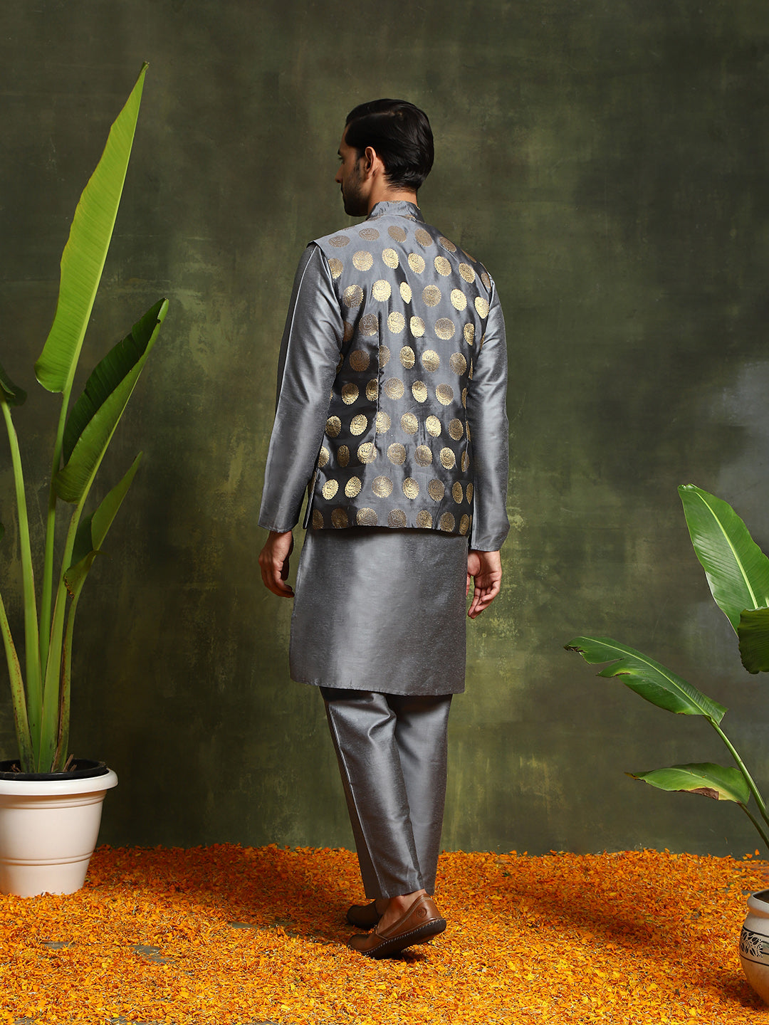 Grey Kurta Pyjama With Brocade Nehru Jacket