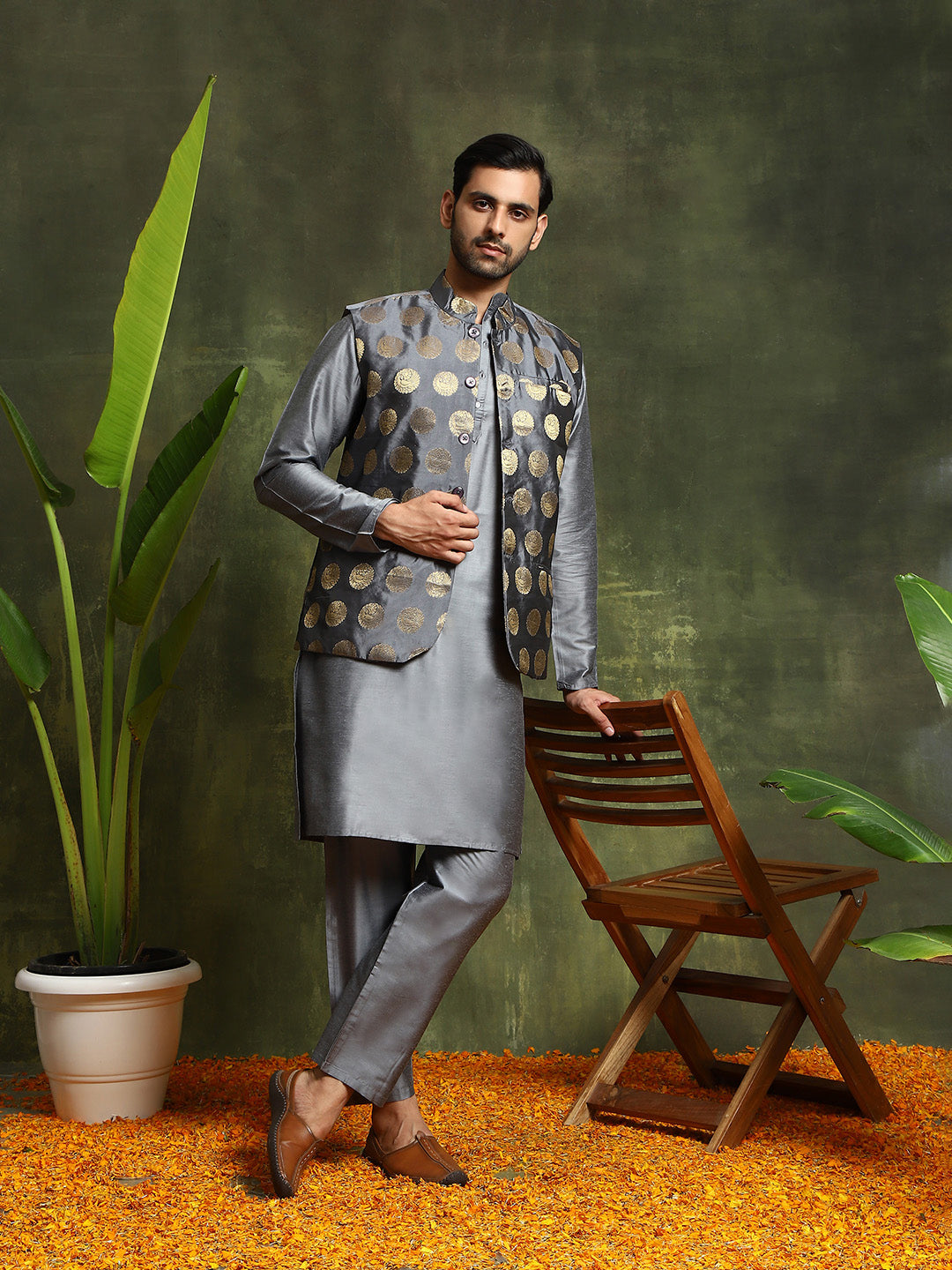 Grey Kurta Pyjama With Brocade Nehru Jacket