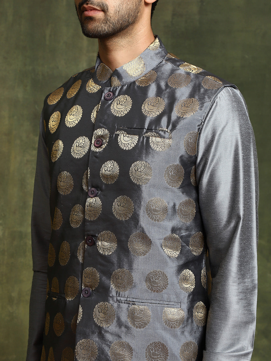 Grey Kurta Pyjama With Brocade Nehru Jacket