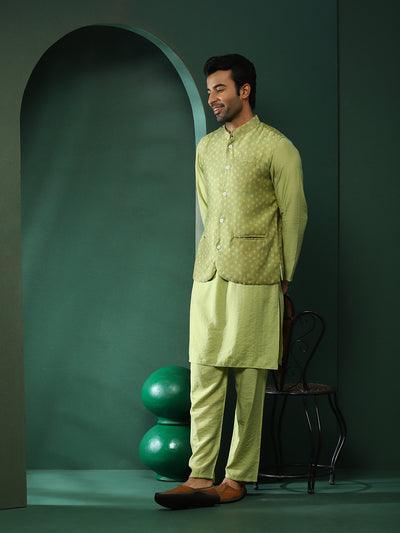 Green Kurta Pyjama With Bandhani Print Nehru Jacket