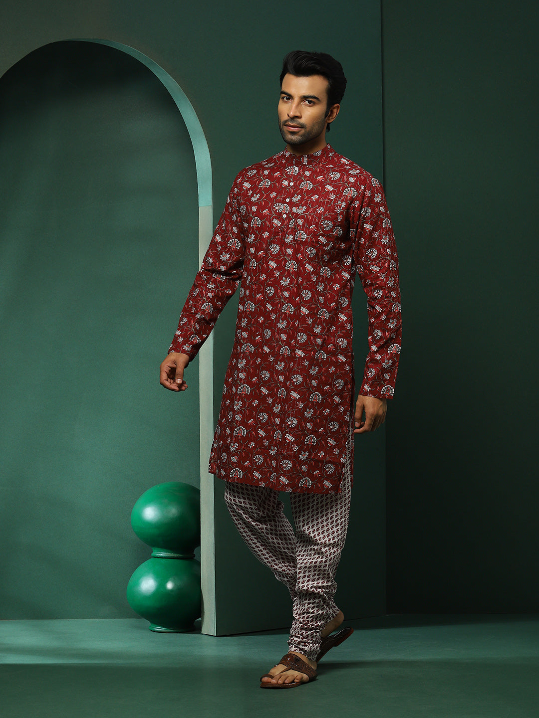 Maroon Floral Print Kurta With Churidar