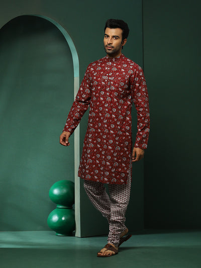 Maroon Floral Print Kurta With Churidar