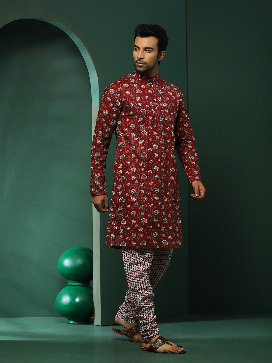 Maroon Floral Print Kurta With Churidar