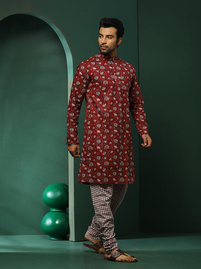 Maroon Floral Print Kurta With Churidar