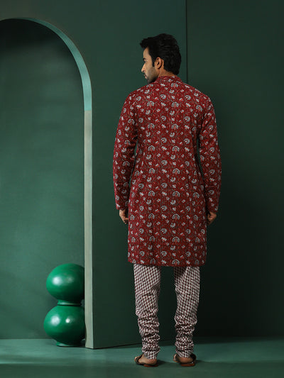 Maroon Floral Print Kurta With Churidar