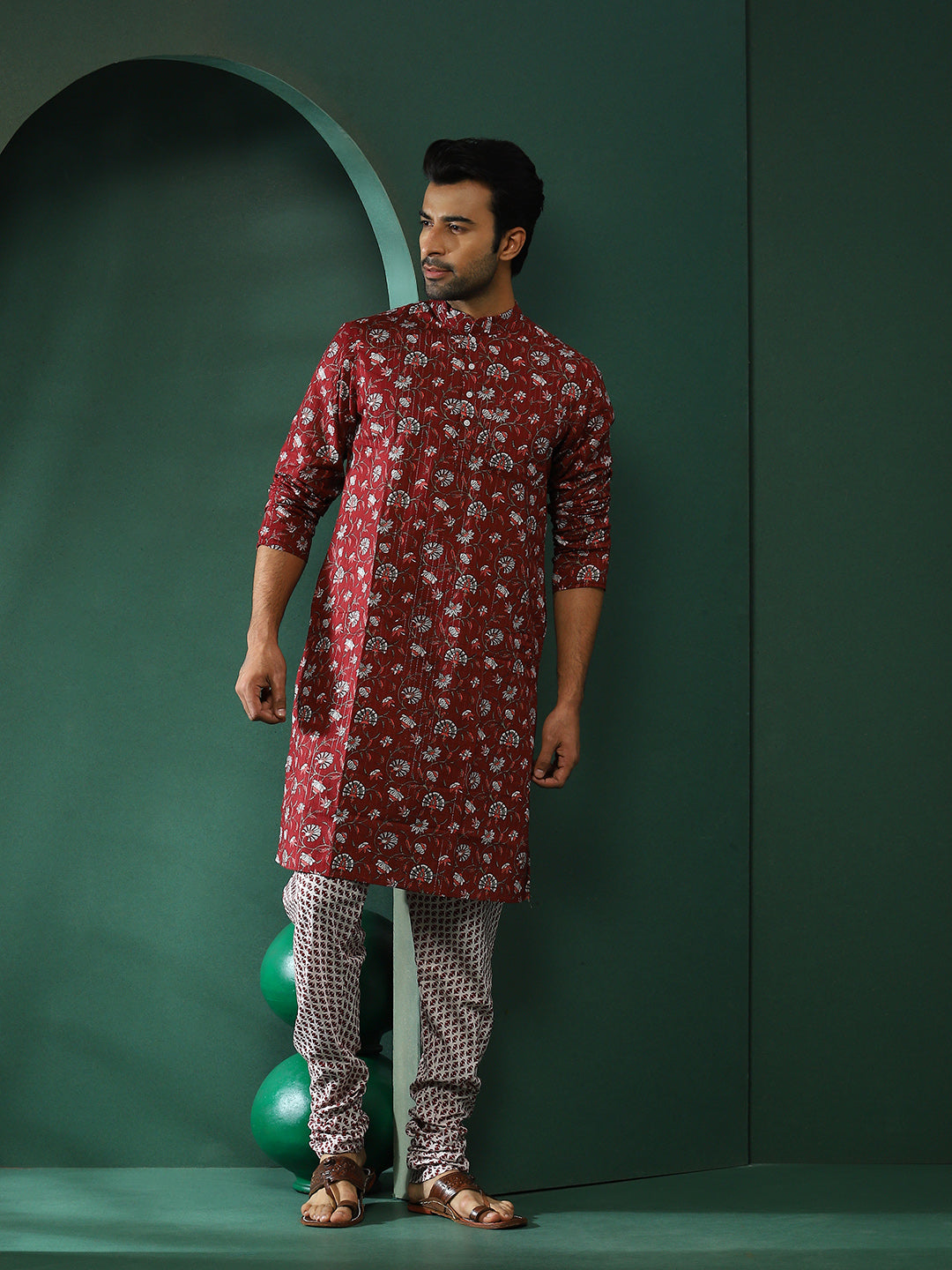 Maroon Floral Print Kurta With Churidar