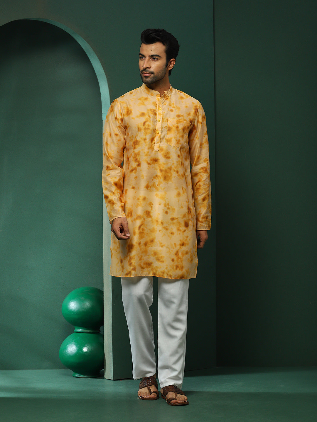 Beige Tie-Dye Print Long Kurta